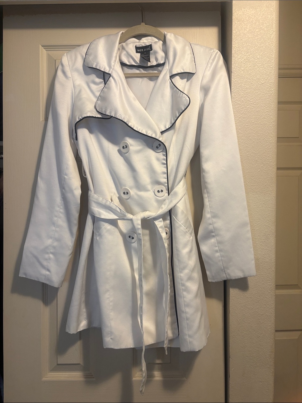 Wet Seal White Double-Breasted Trench with Waist Tie